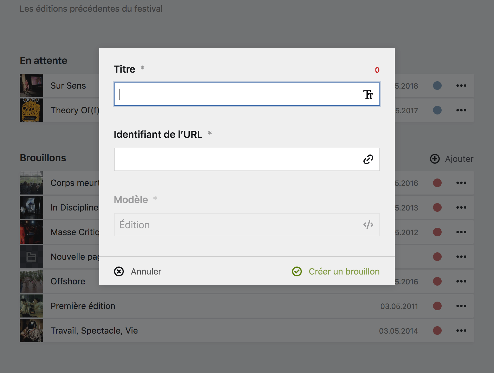 Formulaire de création de page