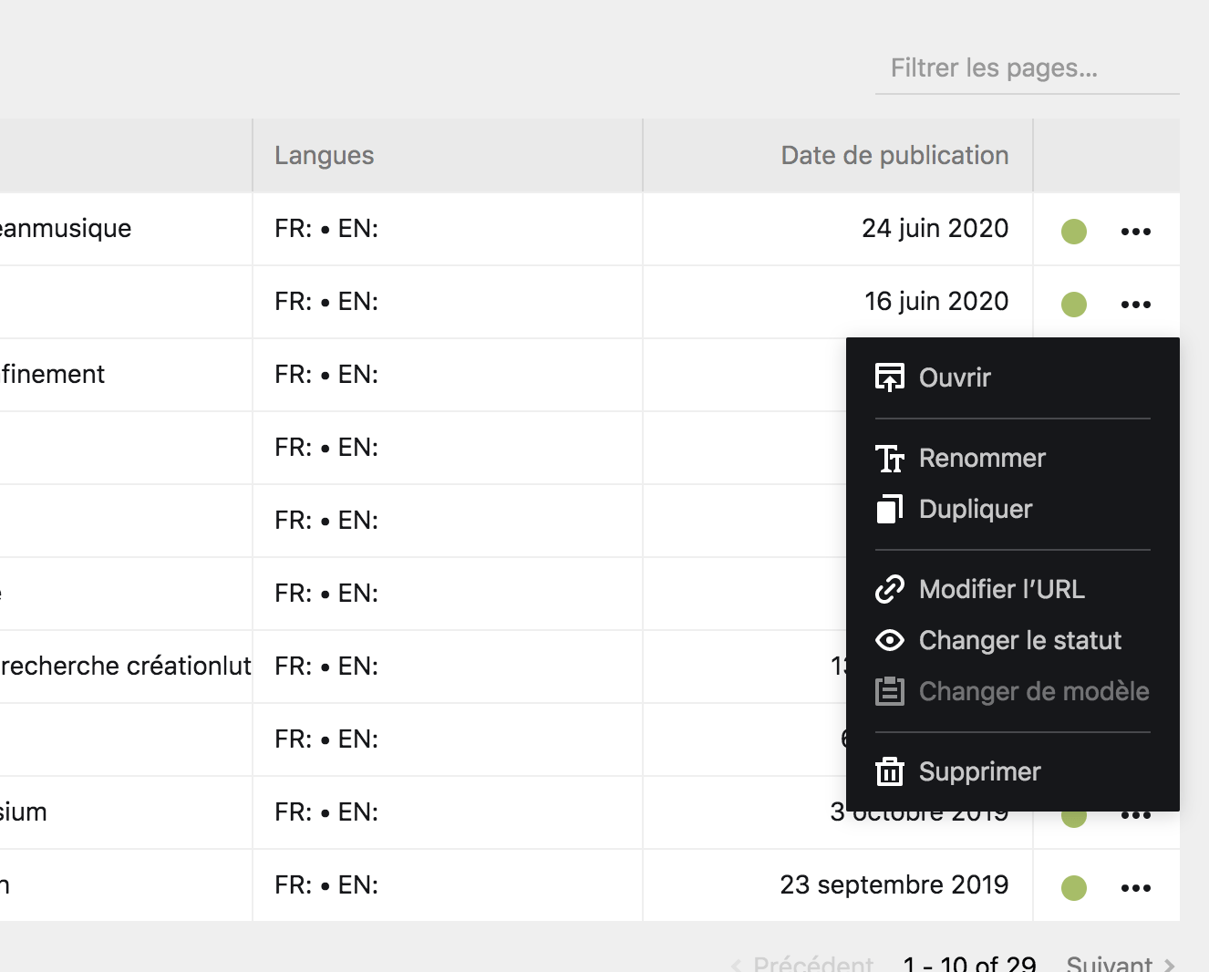 Bouton d&rsquo;options supplémentaires depuis la boîte de page