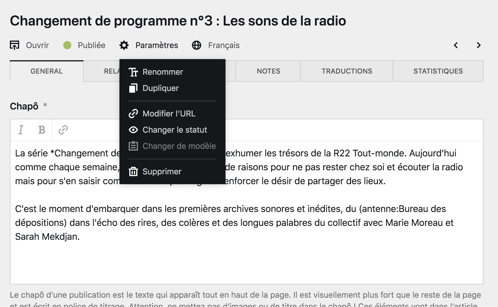 Statut d&rsquo;une page publique