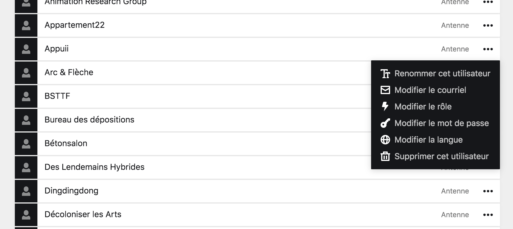 Option de compte à partir de la page Utilisateurs